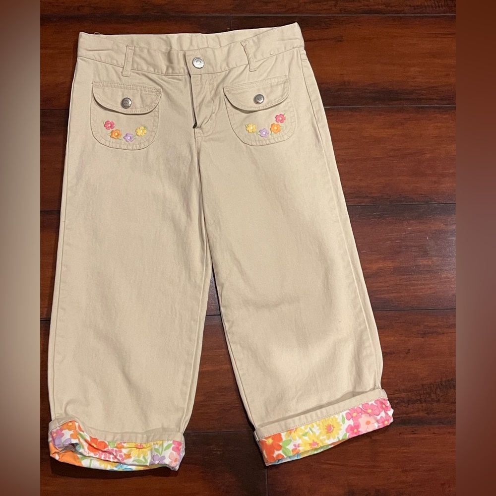 Gymboree, khaki flower cuff pants Sz- 9- EUC
